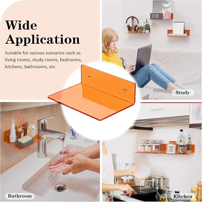 Sezanrpt 9 Inch Orange Wall Shelves, Acrylic Wall Mounting Ledges Display, Acrylic Display Wall Shelf for Funko Pop Figures, Collectibles, Plants, Décor, Toiletries, Spices, 2 Pack - Image 6