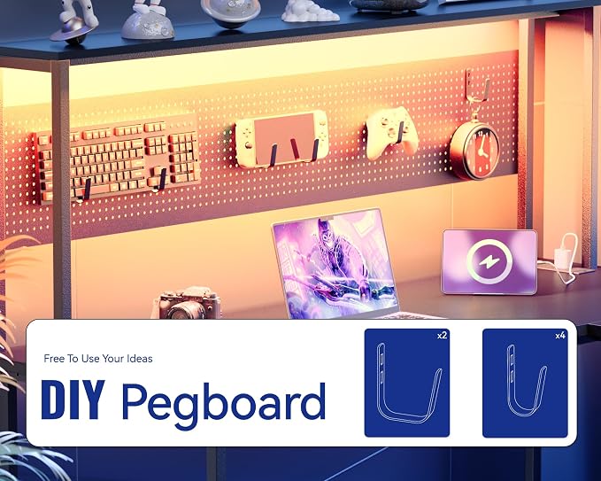 Pamray 60 Inch L Shaped Gaming Desk with Shelves and Storage | With Pegboard LED Lights Power Outlets, Reversible, Suitable for Home Office Bedroom Living Room Dorms Apartments - Image 6