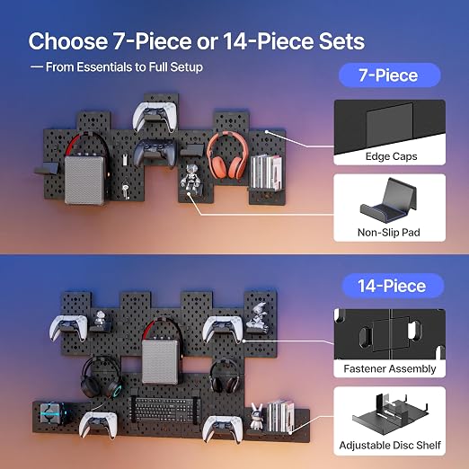 PEGZONE Controller and Headphone Holder Wall Mount, 14pcs, Black | Modular Gaming Pegboard with Accessories, Controller Stand, Disc Shelf Organizer - Image 9