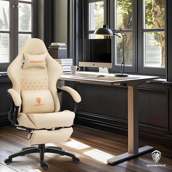 Dowinx Big & Tall Vintage Gaming Chair for Adults, 400 lb Capacity Heavy Duty Ergonomic Computer Chair with Dual Extended Footrest & Massage, Ivory White - Image 2