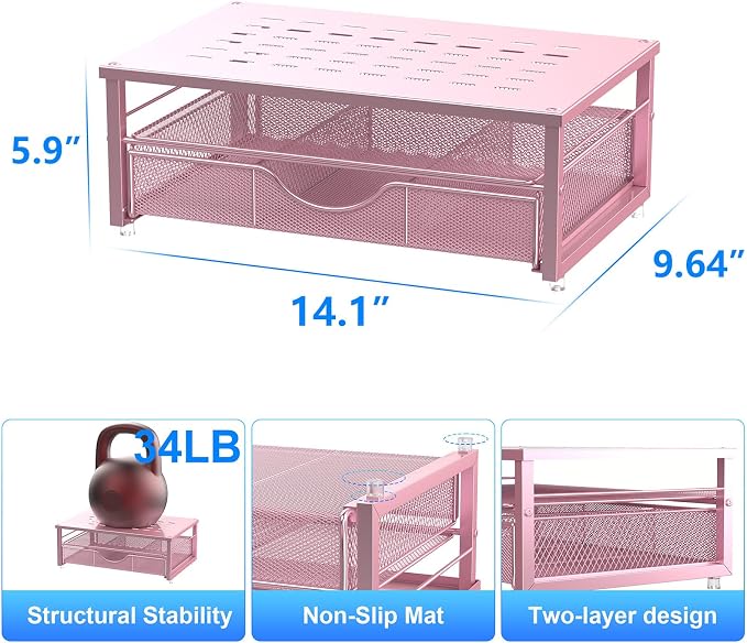 gianotter Computer Monitor Stand Riser with Drawer | Desk Organizers and Accessories Desk Accessories & Workspace Desktop Organizers Storage for Printer Stand (Pink) - Image 5