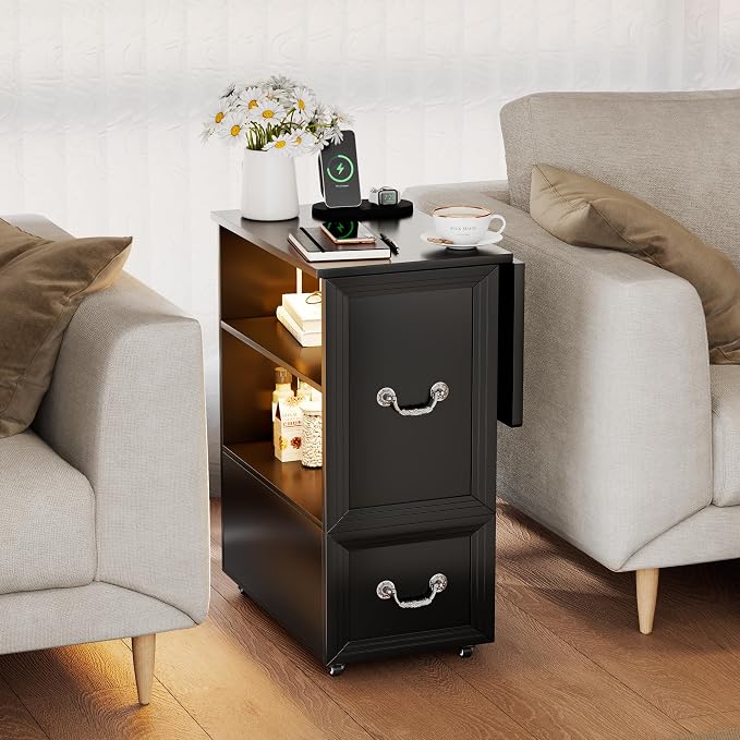 Dystler Rolling Side Table on Wheels, with Drawers & LED Lights Charging - Image 8