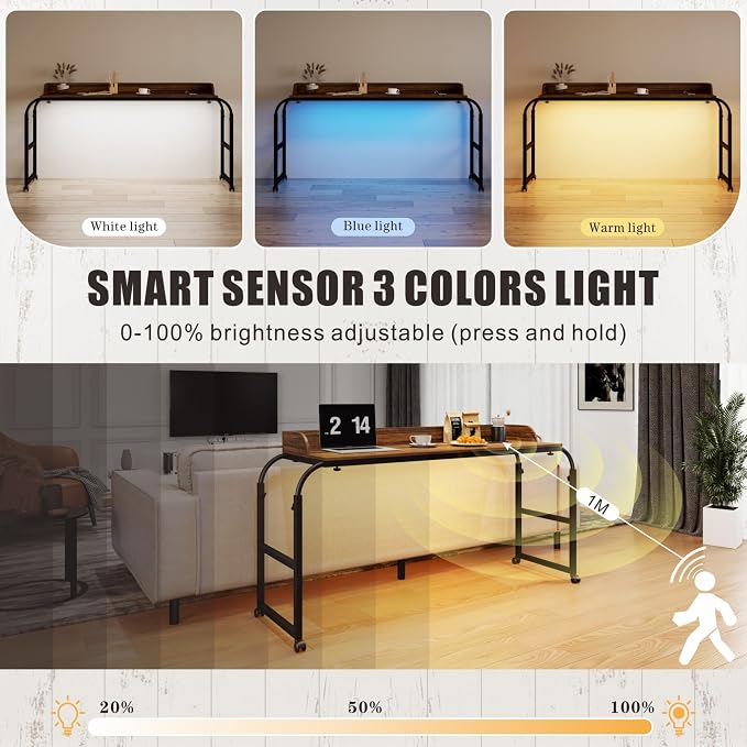 HWB Overbed Desk with Charging Station-Over Bed Table-Adjustable Length/Height with Wheels - Human Sensor LED Light Mobile Queen Size Bed Table Rolling Tray Table for Eating & Laptops, Brown - Image 4