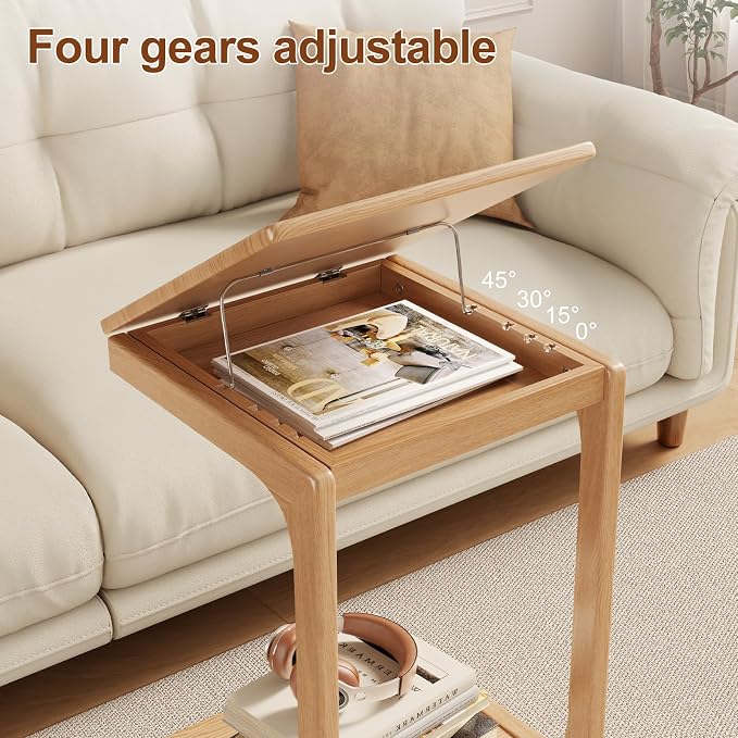 AQIMUELE Wooden C-Shaped End Table,Couch Table with Adjustable Desktop,Small Rolling Side Table with 2 Lockable Wheels,Small End Table for Couch, Living Room,Bedroom (Natural) - Image 2