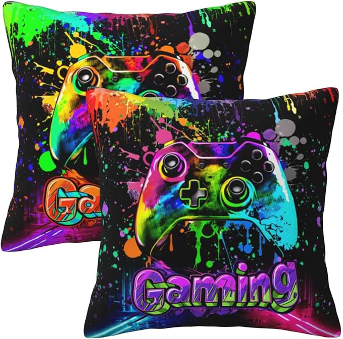 Gaming Throw Pillow Covers Set of 2, Soft 18x18 Inch Pillow Cases, Gamer Birthday Gifts for Teen Boys, Home Decor for Living Room Bedroom Game Room (Gaming) by Unknown