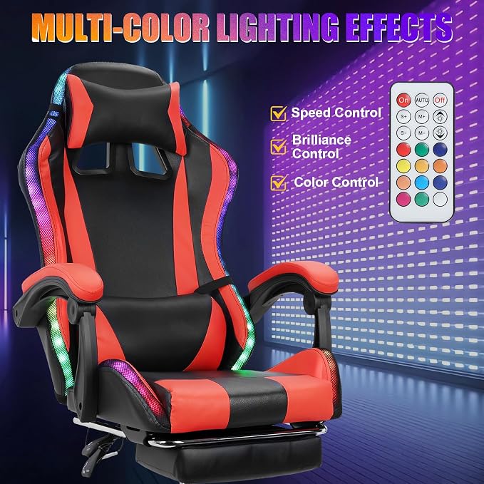 Gaming Chair with Bluetooth Speakers & Lights,Ergonomic High-Back Office Chair with Headrest & 135° Recline, 360° Swivel Height Adjustable Faux Leather Computer Chair for Gaming, Office & Study - Image 8