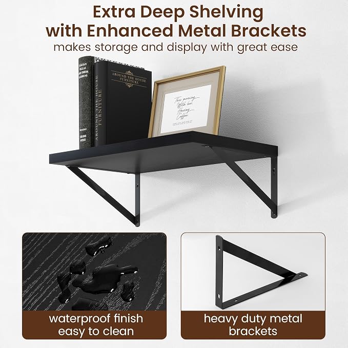 Axeman Deep Floating Shelves - 20 Inch Black Floating Shelves Set of 2-12 Inch Deep Wood Wall Shelves for Living Room Bathroom Kitchen - Image 5
