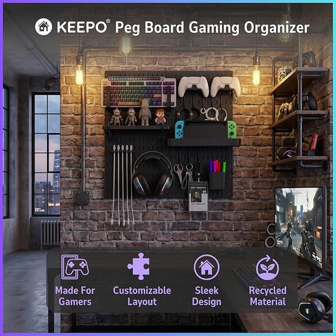 Keepo Peg Board Wall Organizer for Gaming Setup, Pegboard with Adhesives & Screw Mounts, Includes Peg Board Accessories for Gaming Accessories, Tech Storage & Office Organization (Black, 22″×22″) - Image 2
