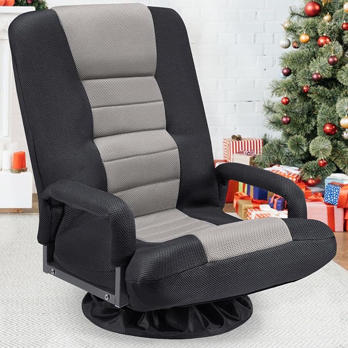 Swivel Floor Gaming Chair w/Armrests,Folding Video Reclining Sofa w/6 Adjustable Position, Padded Backrest & Cushion, Lazy Lounger Couch for E-Sports, Reading, Relaxing, Watching TV, Grey - Image 2