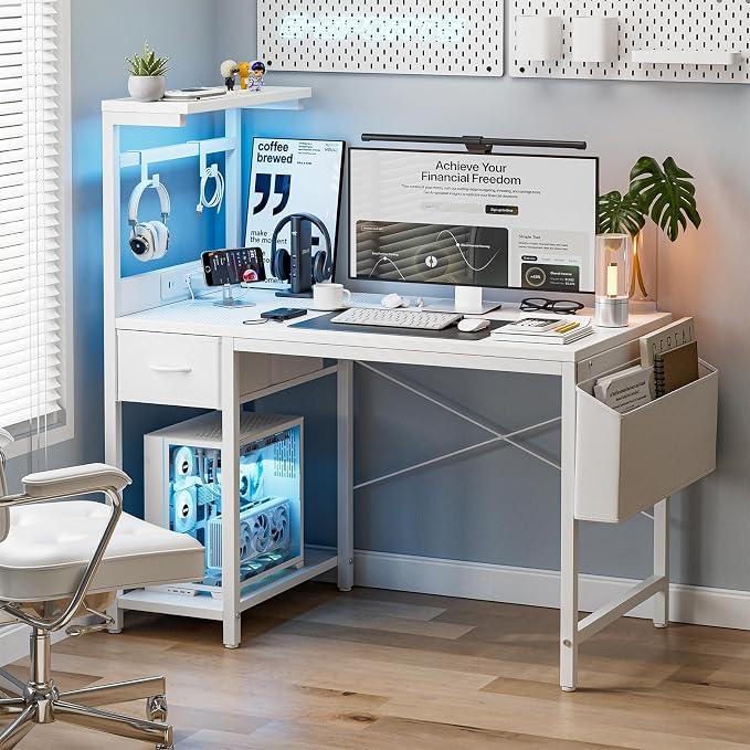 Grandder Gaming Desk 47 Inch with Power Outlet and LED Light, Computer Desk with Reversible Shelves and Storage Drawer, Pc Small Desk for Home Office Table with Bag, Carbon Fiber White - Image 2