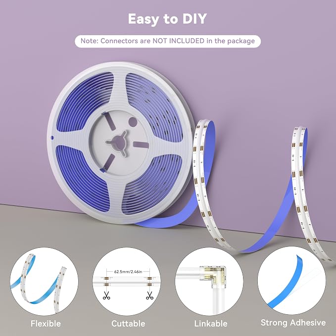 MIWISE RGB COB LED Strip Light 20ft/6.1m,Color Changing Dimmable Strip Light DC24V,Multicolor Flexible Tape Light 10mm Width,for TV,Bedroom,Party DIY Decoration(Power Supply&Controller NOT Included) - Image 3