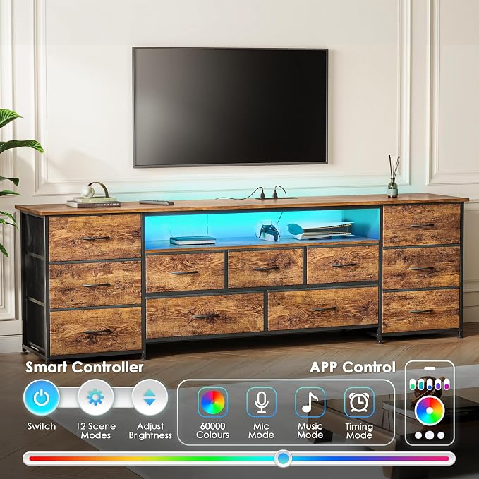 Huuger 70 Inch TV Stand for 75, 80 Inch TV, 11 Drawer Long Dresser with Power Outlets and LED Lights, Entertainment Center with Storage, Rustic Brown Dresser with Printed Surface - Image 4