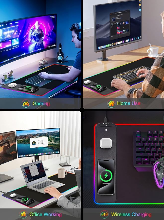 Wireless Charging RGB Gaming Mouse Pad, Desk Pad for MacBook, PC, Laptop | 31.5"x15.75" XXL Large Desk Mat, Waterproof Mousepad with 4 Light Modes & 11 RGB Colors, Ultra-Smooth Surface, Non-Slip Base - Image 8