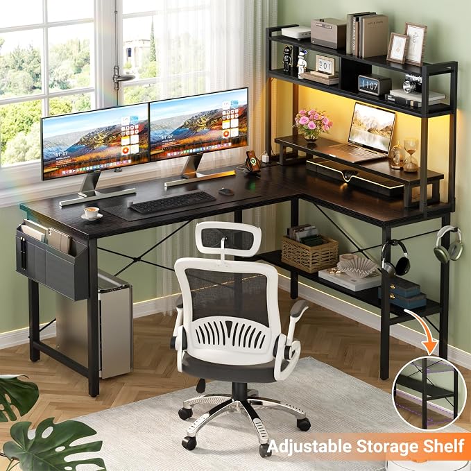 Aheaplus L Shaped Gaming Desk with Power Outlets & LED Lights, Black - Image 5