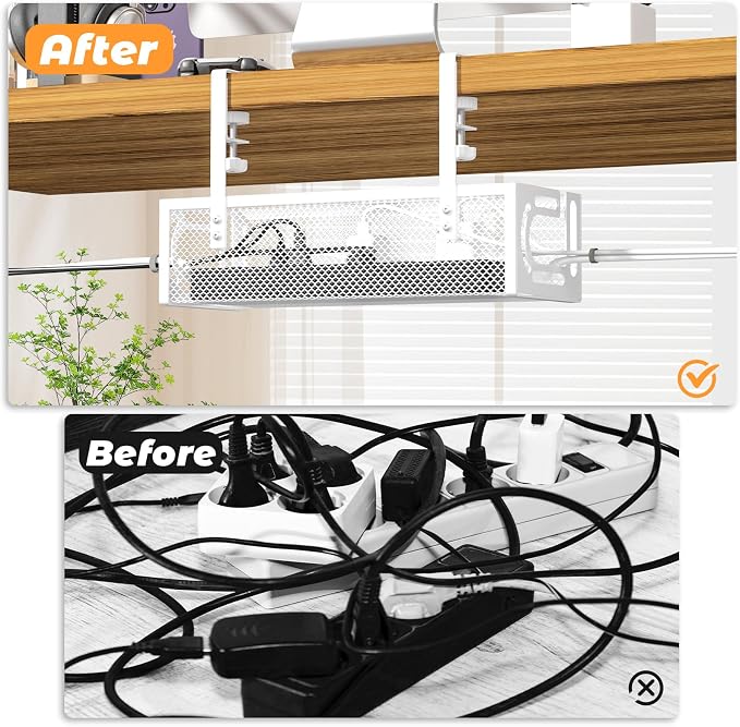 Under Desk Cable Management Tray, 15.7'' No Drill Steel Desk Cable Organizers, Wire Management Tray Cable Management Rack (2 Packs-White) - Image 3