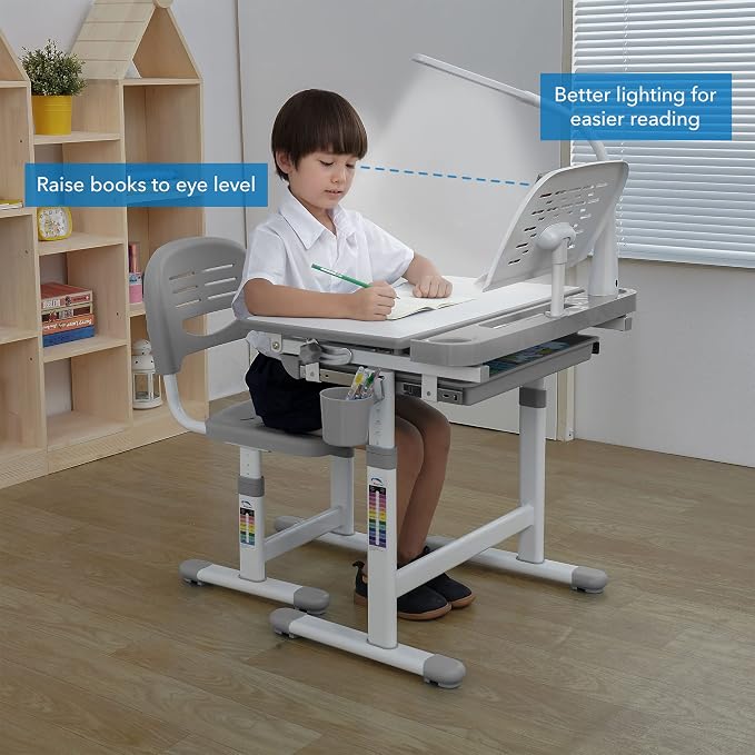 Mount-It! Accessory Kit for Height Adjustable-Kids-Desk | Includes LED-Lamp, Book Holder Shelf and Pencil Holder-Cup, Grey - Image 4
