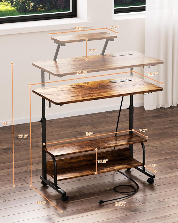 Height Adjustable Standing Desk with Power Outlets and LED Lights - 32" Manual Stand Up Desk with Monitor Stand and Storage Shelves Small Mobile Rolling Computer Desk Portable Laptop Table, Rustic - Image 3