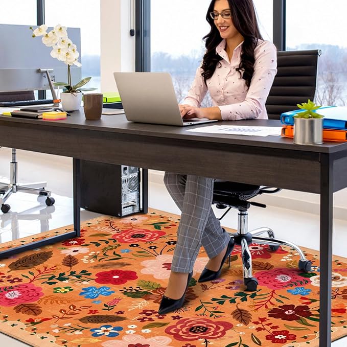 Office Chair Mat for Hardwood & Tile Floor,Boho Floral 36"x48" Computer Chair Mat for Rolling Chairs Carpet,Under Desk Non Slip Gaming Rug,Low-Pile Rubber Backing Large Protector Mat(Orange) - Image 5