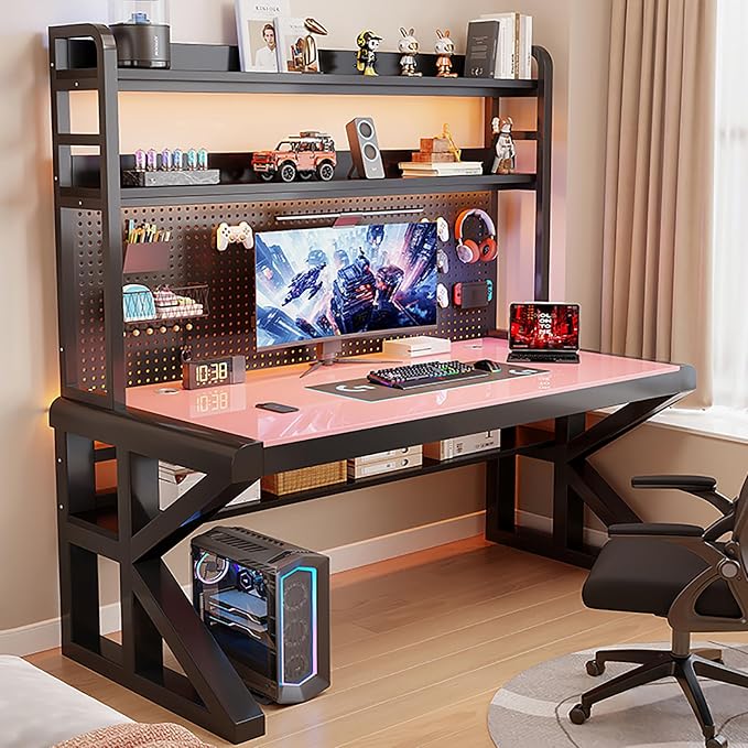 Gaming Desk with Pegboard and Storage Shelves,Tempered Glass Computer Desk Workspace,Modern Writing Study Table Gaming Table with Metal Frame for Home Office(100x60x165cm(39x24x65inch), F) by Unknown
