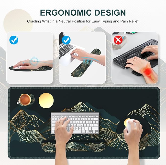 iCasso Large Mouse Pad, 4in1 XXL Mousepad + Keyboard Wrist Rest+Mouse Wrist Rest+Coaster Set with Ergonomic Design for Computer(Cyan-Mountain) - Image 3