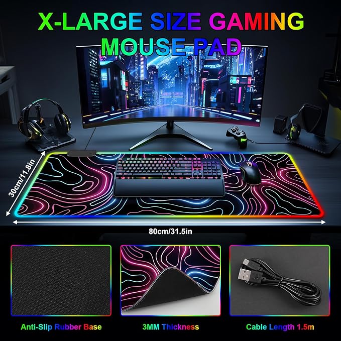 Mouse Pad 31.5 X 11.8 Inches RGB Mouse Mat with 13 Light Modes | Touch Control, Large Gaming Mousepad with Non-Slip Rubber Base for Office & Game, Model-J - Image 3