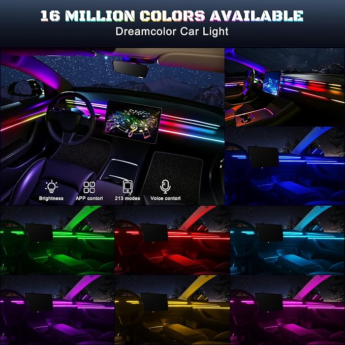 Acrylic Interior Car LED Strip Light with USB/Type C/4-Port Cigarette Lighter, Dreamcolor 6 in 1 with 175 inches 650 LEDs Ambient Lighting Kits, Sound Active Function Neon Led Strips for Car - Image 3