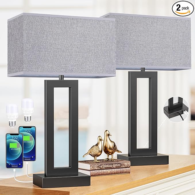 Seealle 22" Tall Living Room Lamps for Night Stands - Touch Bedside Lamp with USB C+A, 3 Way Dimmable Bedroom Lamps for End Tables Set of 2, Modern Night Stand Lamps for Bed Side(Grey&Black) by SeealleLighting