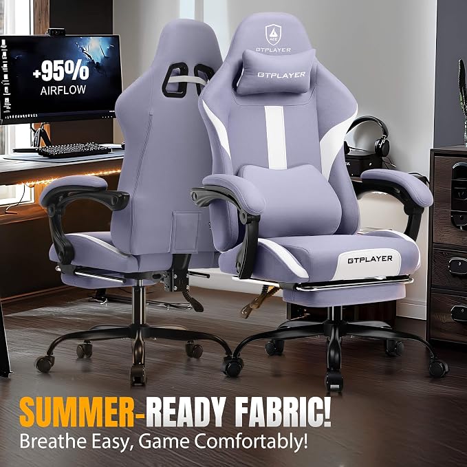 GTPLAYER Gaming Chair with Foot Rest & Pocket Spring Cushion, Breathable Fabric for Home Office Desk, Ergonomic High Back Computer Chair with Headrest & Lumbar Support, Lavender Purple - Image 3