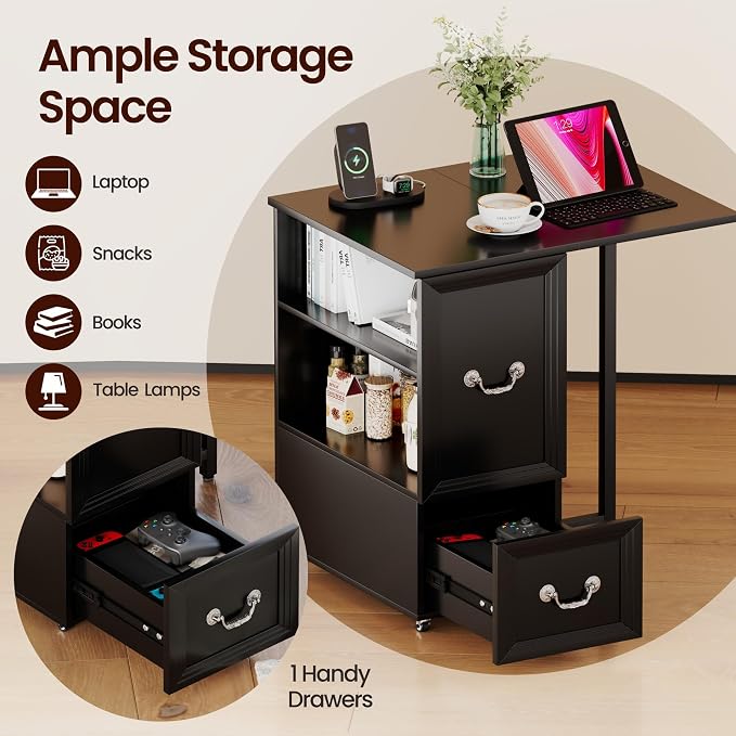 Dystler Rolling Side Table on Wheels, with Drawers & LED Lights Charging - Image 5