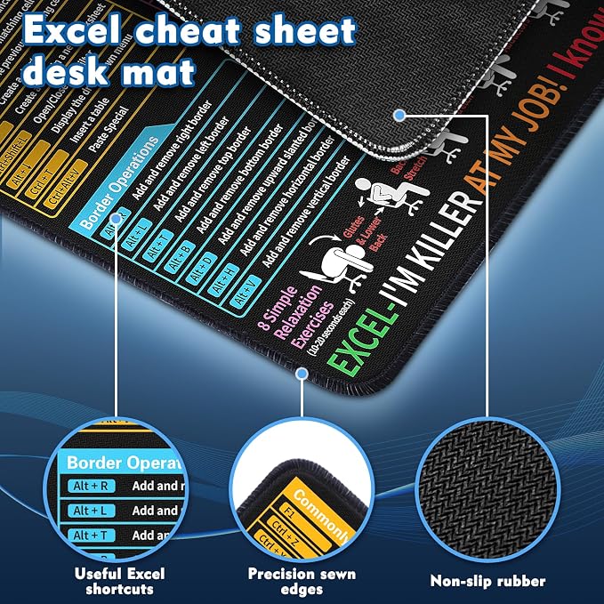 Excel Cheat Sheet Desk Pad - Excel Cheat Sheet Desk Mat - Mouse Pads, Non-Slip Base Portable Mousepad Suitable Ideal for Office, Gaming (11.8" x 9.84") - Image 2