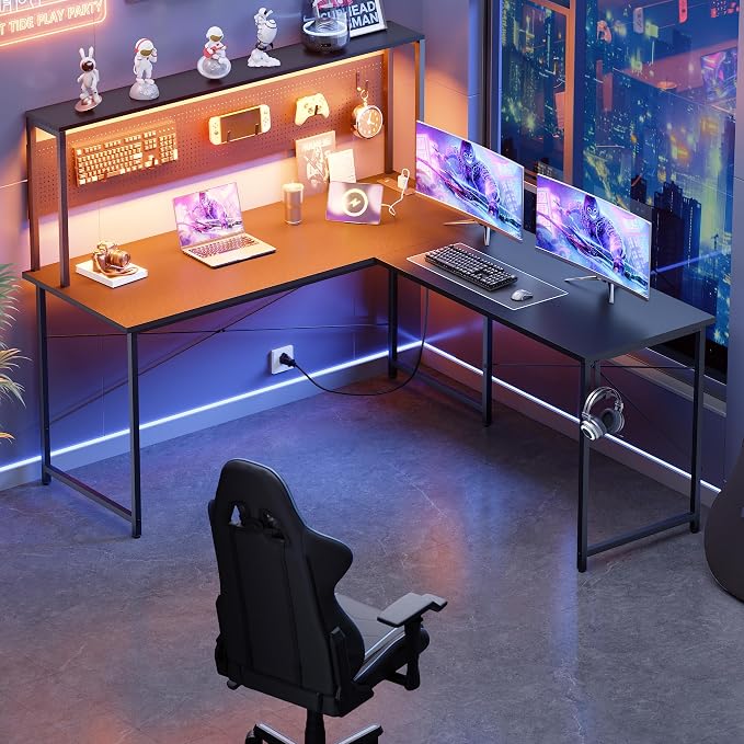 Pamray 60 Inch L Shaped Gaming Desk with Shelves and Storage | With Pegboard LED Lights Power Outlets, Reversible, Suitable for Home Office Bedroom Living Room Dorms Apartments by PAMRAY