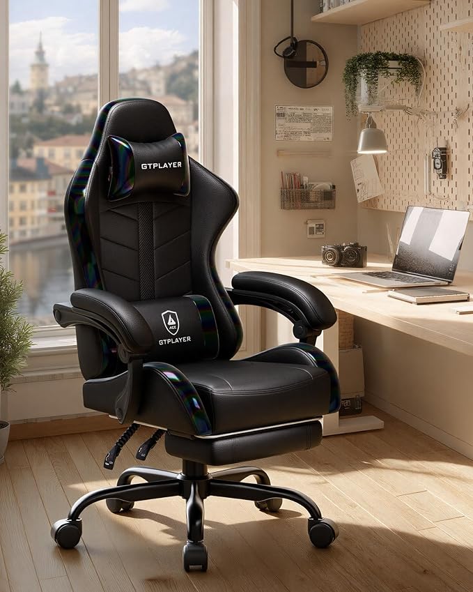 GTPLAYER Gaming Chair, Computer Game Chair for Adults, Iridescent Black | Ergonomic Comfort Video Game Chair with Footrest 90-155°Recline, Head Lumbar Support & Height Adjustable for Office Gaming - Image 9