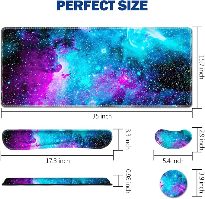 AIMSA Large Gaming Mouse Pad Set, Keyboard Wrist Rest Support Mouse Pad, Ergonomic Memory Foam Multifunctional Extended Desk Mat 35x15.7in Anti-Slip Rubber Base, Galaxy Nebula Universe - Image 7