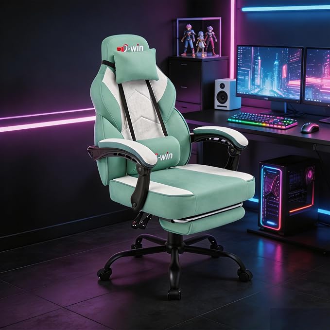 Shintenchi Big and Tall Gaming Chair Fabric Pocket Spring Cushion,High Back Recliner with Footrest and Headrest for Adults, Massage Lumbar Support for Home Office, Ergonomic Computer Desk Chair, Green - Image 8