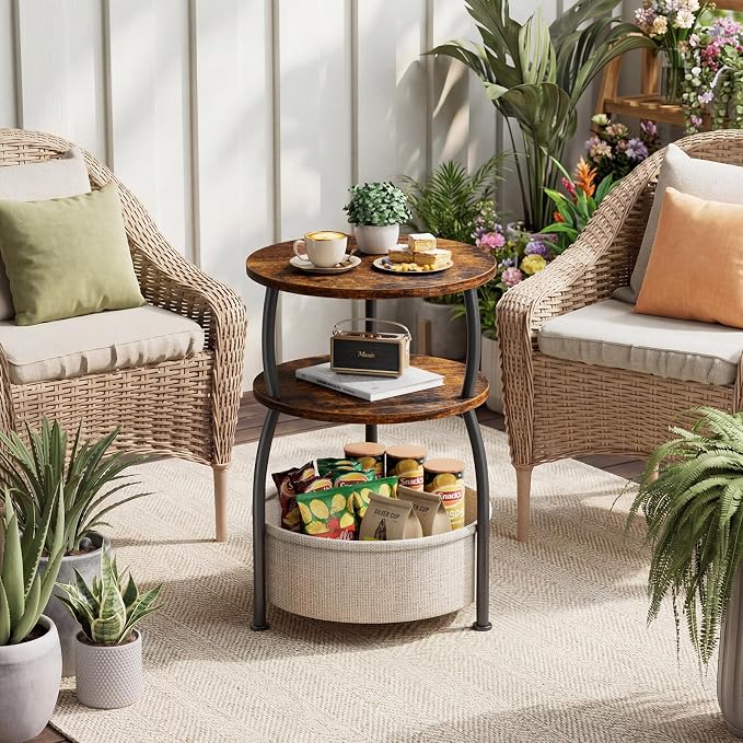 Round Side Table with Storage Basket for Living Room Rustic Brown - Image 7