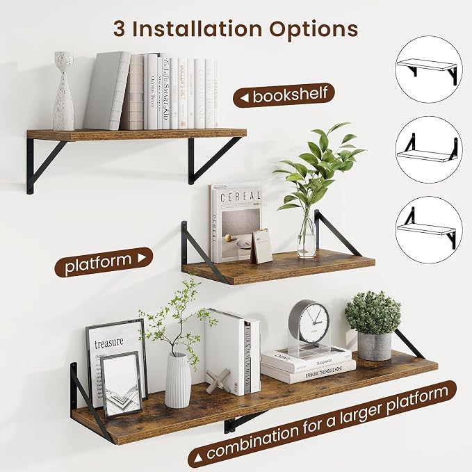 Axeman 20 Inch Floating Shelves, 10 Inch Deep Brown Wall Shelves Set of 2 - Image 4