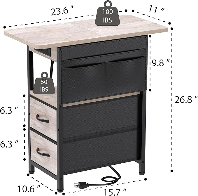 Yenlure Small Side Table with Charging Station, Narrow Nightstand Bedside Tables with Storage Pocket for Living Room Bedroom, Sofa End Table with USB Ports and Power Outlets for Small Spaces, Greige - Image 3