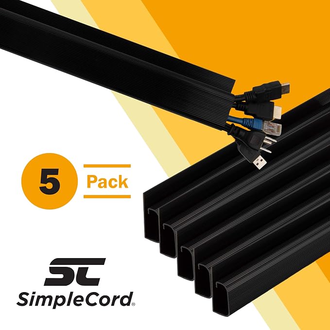 Simple Cord 5 Pack of 16-Inch J Channel Cable Management Under Desk - Easy to Install Adhesive Mount Cord Organizer for Desk, Home Office, No-Drill Wall Cable Organizer (Black) - Image 2
