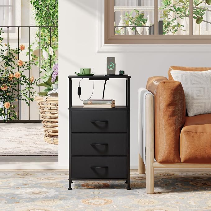 Somdot Nightstands Set of 2 with 3 Drawers, Charging Station & LED Light - Image 7
