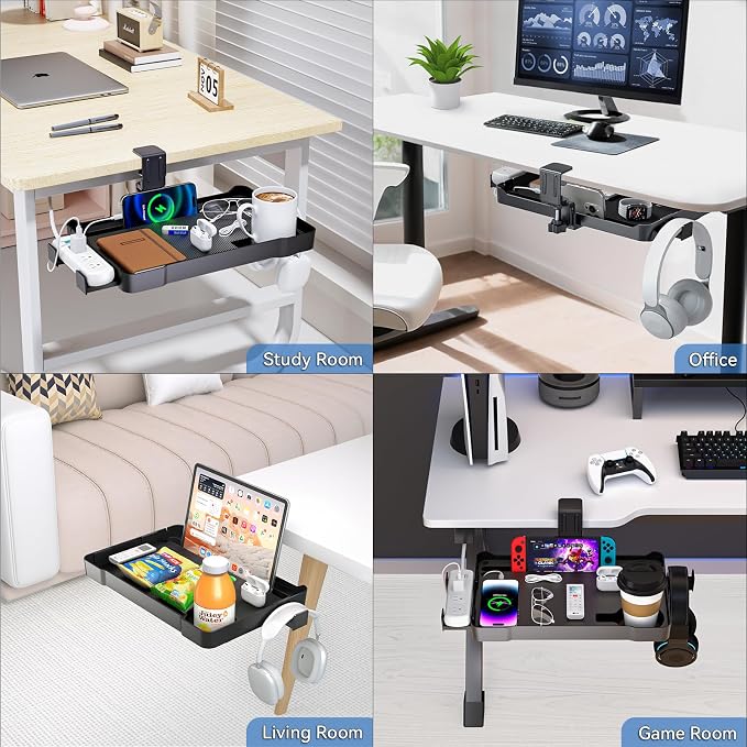 KDD Under Desk Organizer - 360° Rotating Clamp-On Tray with Headphone Hook, Phone & Tablet Holder, Cup Holder, and Cable Management - No Drilling Desk Storage Accessories for Office and Home - Image 7