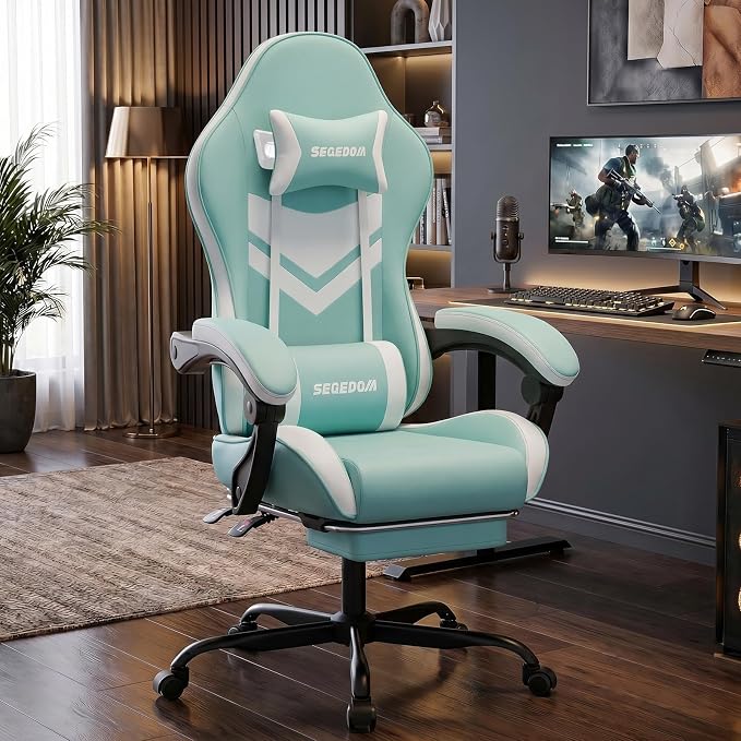 Gaming Chair with Footrest & Massage Lumbar Support, PU Leather Ergonomic High Back Swivel Height Adjustable Chair for Adults, Office Gaming, 300 lbs (Green White) - Image 2