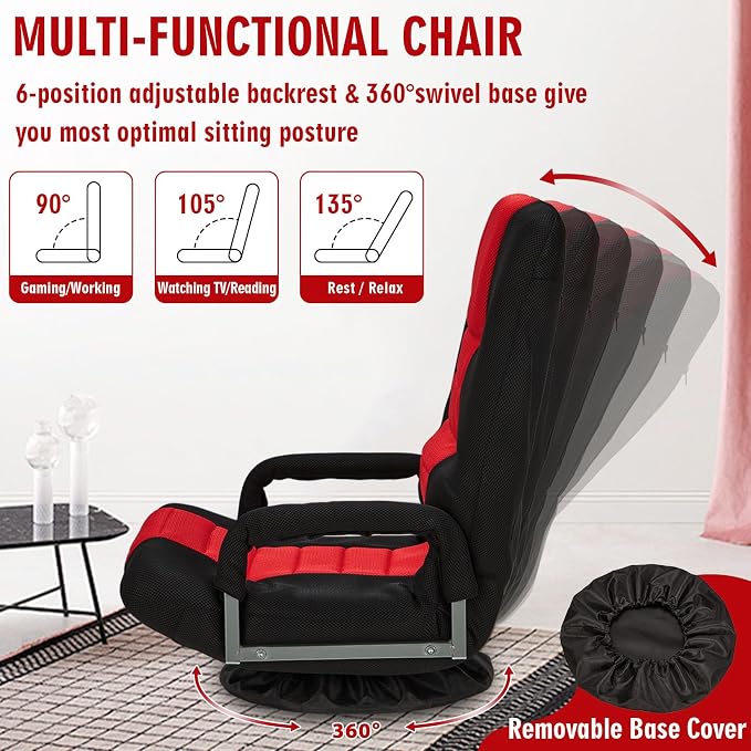 Swivel Floor Gaming Chair w/Armrests,Folding Video Reclining Sofa w/6 Adjustable Position, Padded Backrest & Cushion, Lazy Lounger Couch for E-Sports, Reading, Relaxing, Watching TV, Red - Image 4