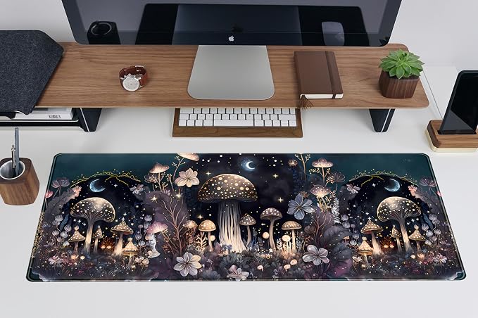 Teng DA Qing Cute Dark Mushroom Moon Night Mouse Pad XL Extended Gaming Mat with Stitched Edges, Computer Laptop Keyboard and Mouse Mat for Women Office Desk Decor, 31.5x11.8 in - Image 5