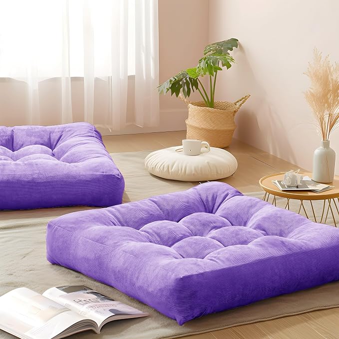 Degrees of Comfort Square Tufted Corduroy Floor Cushions, Large Pillows Seating for Adults, Meditation Pillow for Balcony Tatami Living Room, 22x22 Inch, Purple by DegreesofComfort