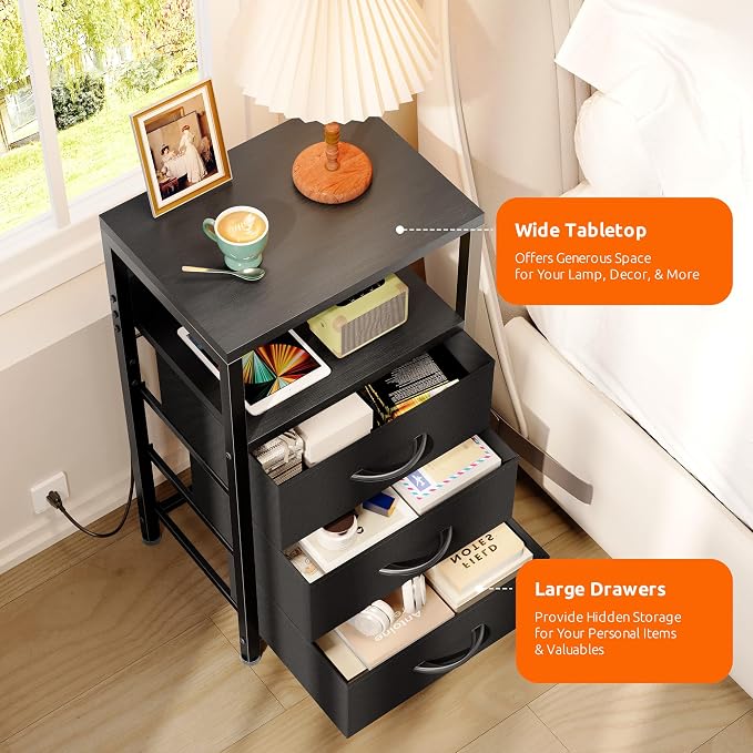 Lazzanto Night Stand with Charger Station, 3 Fabric Drawers, Black - Image 5