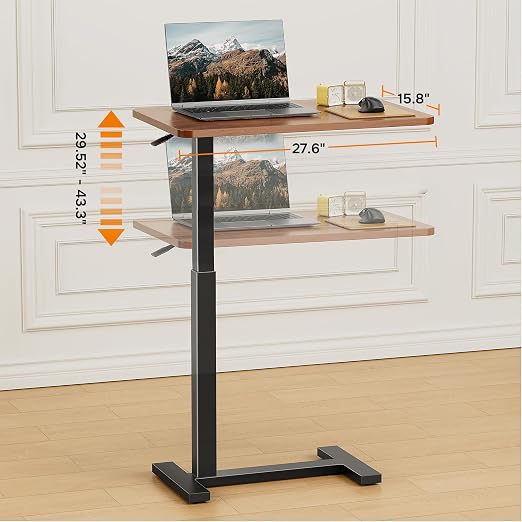 Adjustable Overbed Bedside Table with Wheels, Rolling Laptop Table, Pneumatic Adjustable Hospital & Home Use Bed Table, Mobile Standing Desk, Brown - Image 3