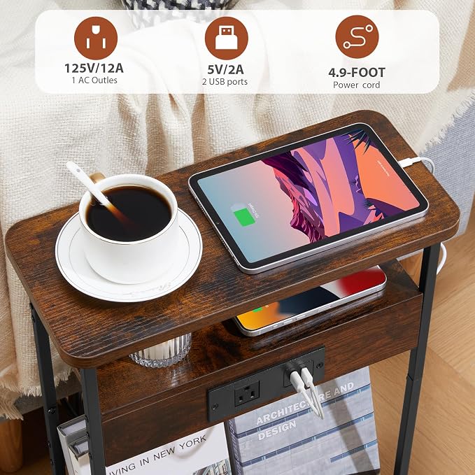 Narrow Side Table With Charging Station, 3-Tier End Table with 2 USB Ports & Power Outlets,Thin Sofa Side Table for Narrow and Small Spaces, Bedside Table Nightstand for Living Room,Rustic Brown - Image 9