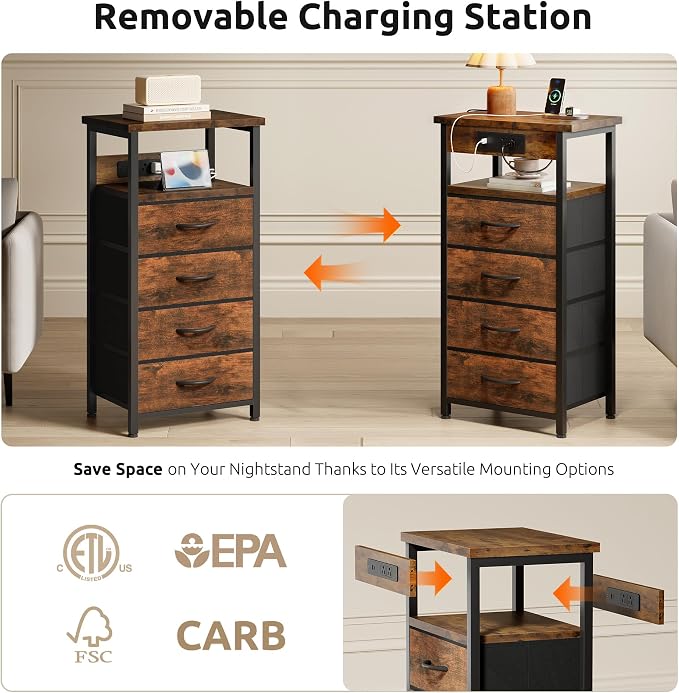 Lazzanto Night Stand with Charger Station, 4 Fabric Drawers, Brown - Image 4