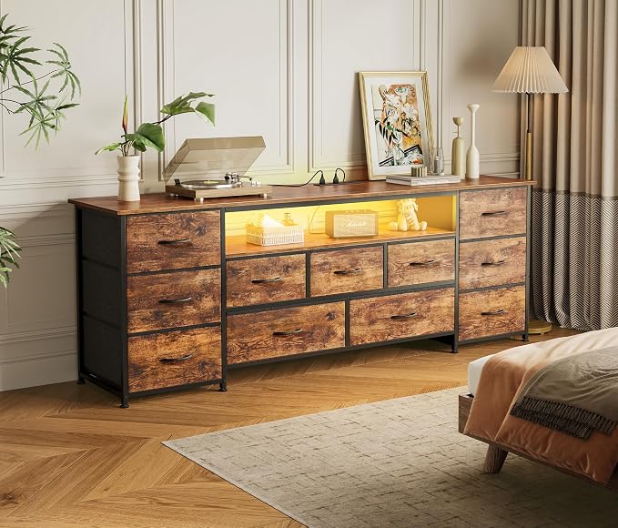 Huuger 63 Inch TV Stand for 65, 70 Inch TV, 11 Drawer Long Dresser with Power Outlets and LED Lights, Entertainment Center with Storage, Rustic Brown Dresser with PU Leather Surface - Image 7
