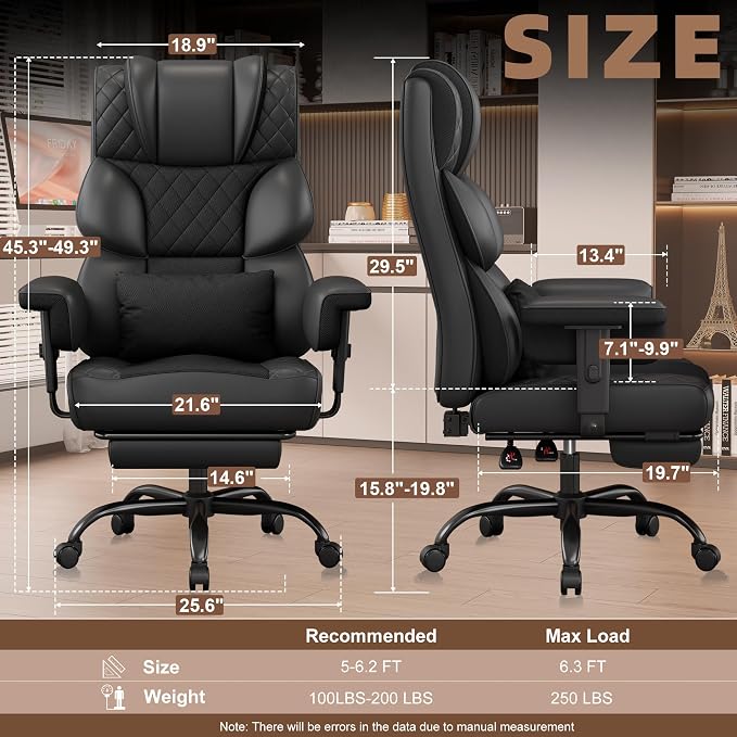 Vonesse Office Chair, Desk Chair with Soft Adjustable Armrests, Ergonomic High Back Gaming Chair with Lumbar Support, Executive Computer Chairs with Footrest (PU Leather, Black) - Image 2